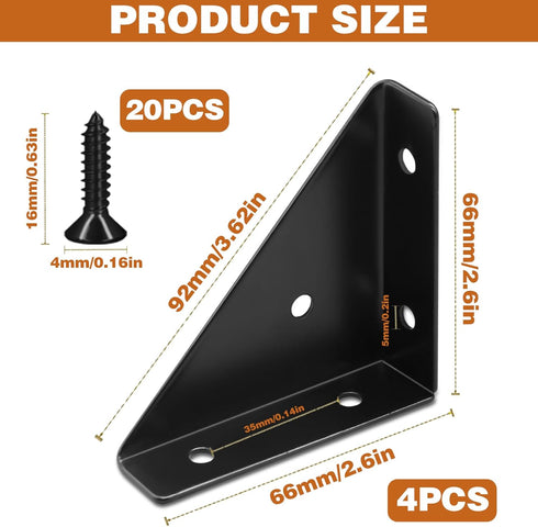 CANIPHA 4Pcs 66mm 66mm Corner Bracket Black Angle Bracket Corner Brace, Metal Corner Brackets Triangle Corner Shelf