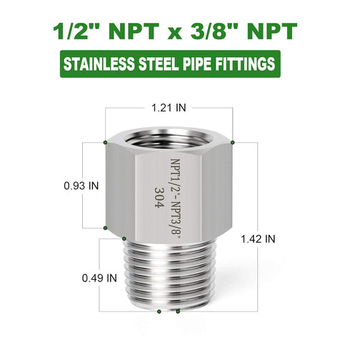 TAISHER 2PCS 304 Stainless Steel Pipe Fitting, Reducer Adapter 3/8-Inch Male x 1/2-Inch Female