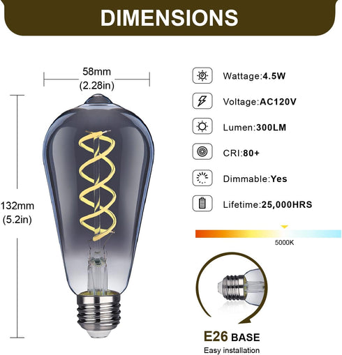 ST58 (ST19) LED Edison Bulbs 45 Watt Equivalent, CRI 80+, High Brightness Daylight White 5000K Smoky Grey Glass, Dimmable Antique LED Filament Bulbs, E26 Medium Base, 6 Pack by YIMILITE