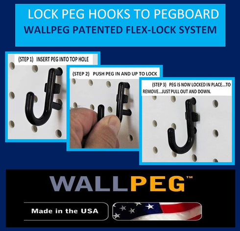 WallPeg 100Pcs Pegboard Accessory Peg Hook Set - Durable Self-Locking Black 1/4" J-Style FlexLock Peg Hooks