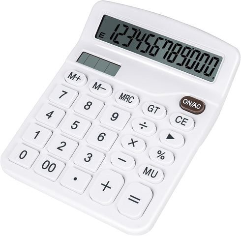 Cute White Desktop Calculator, Big Buttons, Dual Power Source, Large Display Screen for Office