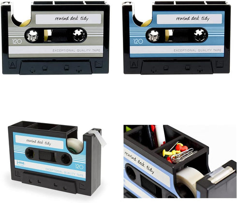 Tape Dispenser with Pen Holder - Retro Cassette Heat Tape Dispenser, Cute Roll Holder with Paperclips for Office Storage