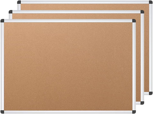 VIZ-PRO Cork Notice Board, 24 x 18 Inches, 3 Pack with Silver Aluminium Frame