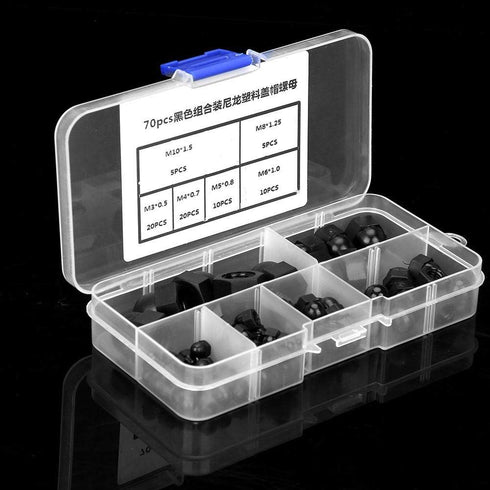 Walfront 70Pcs Black Nylon Acorn Hex Nuts, M3/M4/M5/M6/M8/M10 Sizes