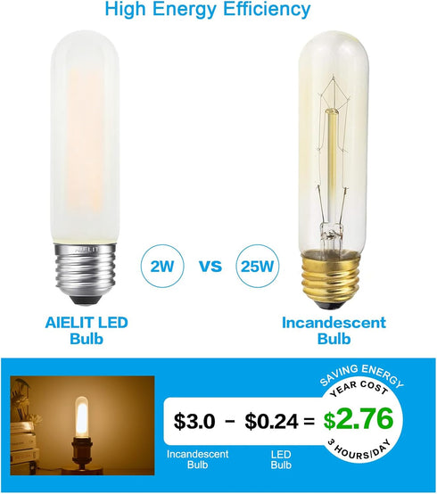 T10/T30 Bulb 25 2700K, 200 E26 2W Dimmable Bulbs, Bulb 3-Pack Frosted LED Light Watt Equivalent, Warm White LM