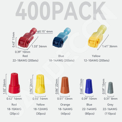 280pcs Electrical Wire Connector Twist Caps, Screw Nuts + 120pcs T-Tap Wire Connectors Kits