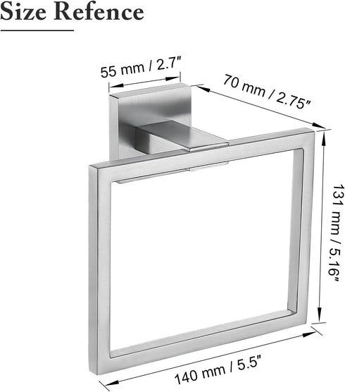 TNOMS Brushed Towel Ring, Modern Square Hand Towel Bar for Bathroom, Wall Mount Stainless Steel.