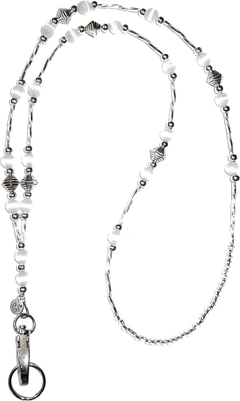 Hidden Hollow Beads Super Slim White Women's Beaded Lanyard, 34" ID Card Badge Holder for Teacher Keys (White - Non