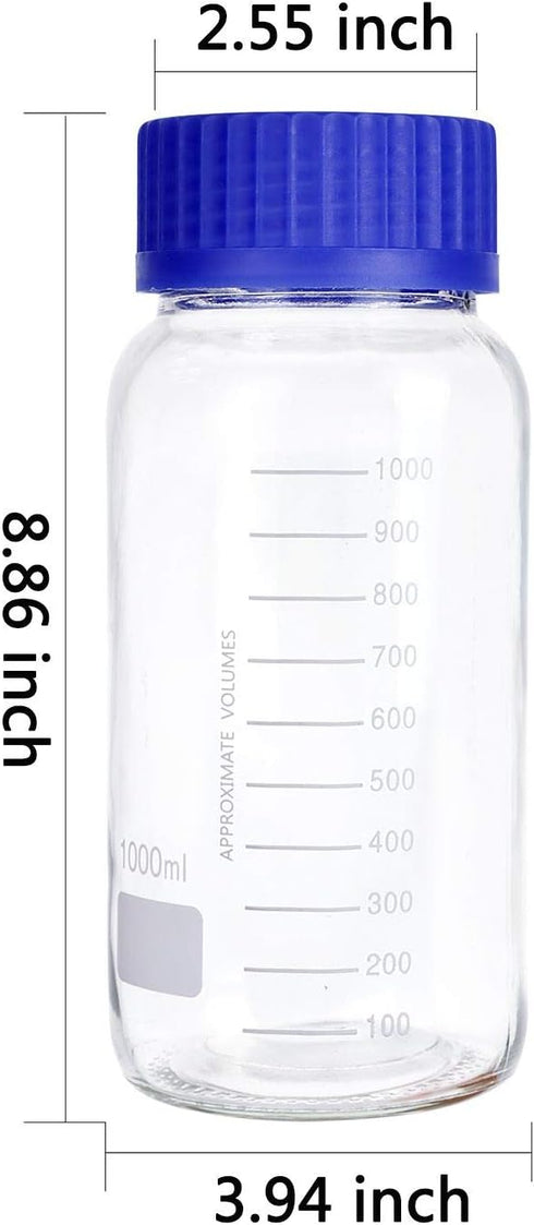 Moonetto 3 Pack 1000 mL Wide Mouth Graduated Round Glass Bottle with GL80 Blue Polypropylene Screw Cap