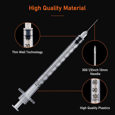 1ml Syringe with 30Ga 1/2in Needle, Individually Wrapped, Pack of 100 for Medical Use