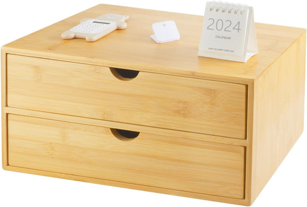 Bamboo Desk Organizer with Drawers, Countertop Makeup Storage Box with 2 Drawers for Home Office
