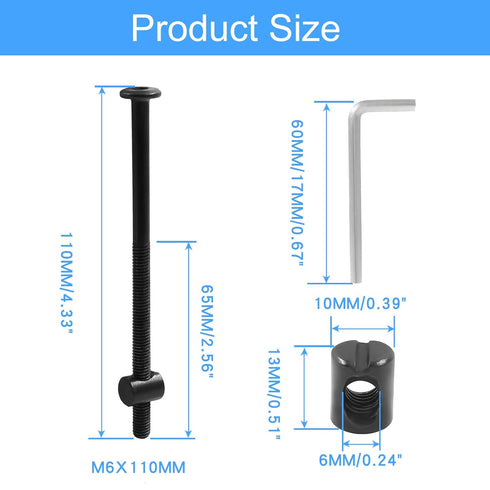 M6 x 110mm Bunk Bed Bolts, Hex Drive Socket Furniture Barrel Screws Bolt Nuts Furniture Crib Baby Bed Bolt with Wrench(Black, 12 Pcs)