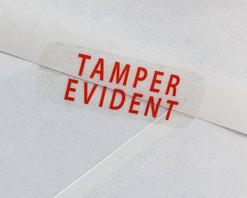 Tamper Evident Labels, Small Clear with Red Ink, 500 Adhesive Stickers, 0.5 x 1.5 Inch Rectangles