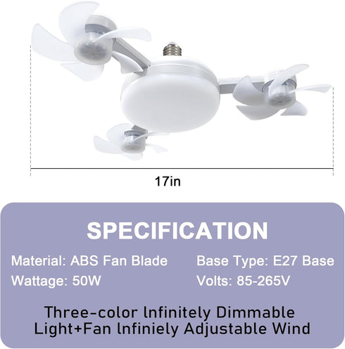 amgolibi Bulb Dimmable 3-Speed, Bulb Socket Fan Light with Remote, Screw in Ceiling Fan, Light Fan with LED, Easy