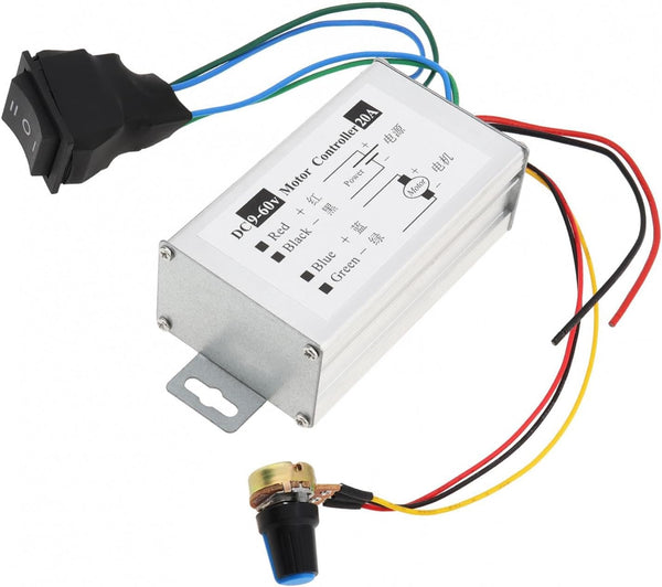 DC Motor Speed Controller Module, 20A 1200W Brush Motor Driver, PWM Monitor Dimmer with Switch and Knob, DC 9V-60V