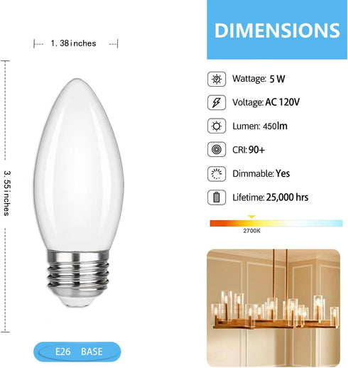 FUTIME 6Pack B11 E26 Bulbs, 5W 40 Bulbs,Warm 2700K Dimmable Bulb 450LM Bulb LED Candelabra Equal watt Edison Light