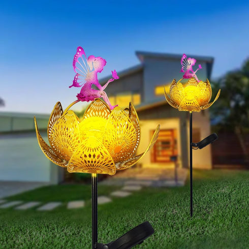 YZYOE Solar Lotus Fairy Floor lamp, Garden Decoration Wrought Iron Retro Cute elf Floor lamp, Wireless Dusk to Dawn LED