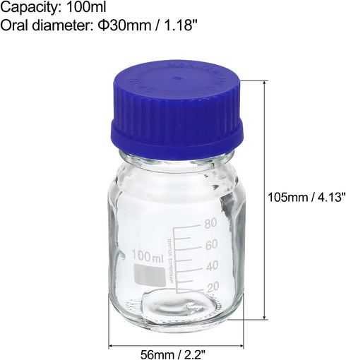 PATIKIL 100mL Reagent Media Bottle, 4Pcs Round Graduated Glass Storage Bottle Blue Screw Cap for Chemistry Lab Universities Home, Clear by PATIKIL