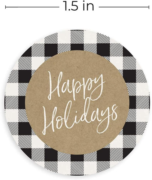 Black and White Buffalo Plaid Happy Holidays Stickers, 500 Christmas Gingham Envelope Seals