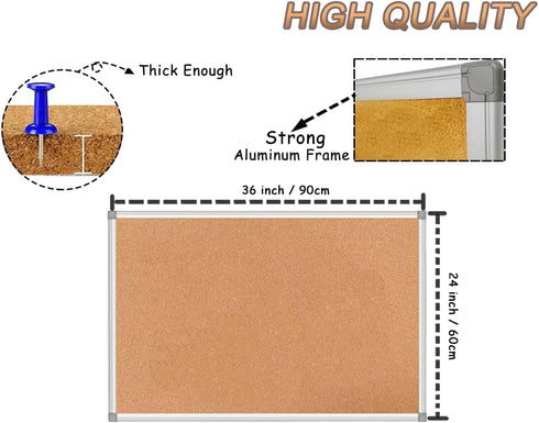BESTBOARD Heavy Duty Cork Bulletin Board, 24 x 36 inch, Silver Aluminum Frame for Homes or Offices