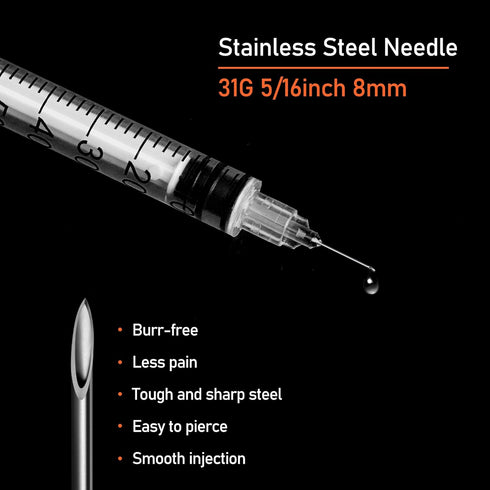 1ml Syringe with Needle, Syringes 1cc 31G 5/16 Inch, Individually Wrapped, Pack of 100