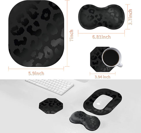 Black Leopard Ergonomic Wrist Rest Pad + Cute Mouse Pad + Cup Coaster, Memory Foam with Non-slip Base 3Pcs MousePad Desktop Supply Set Combo for Laptop, Computer, Gaming & Office