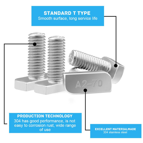 T Bolt Set M8x20mm T Slot Drop-in Bolt, Hammer Head Bolts with 10 Pcs Hexagon Flange Nuts for Aluminum Extrusion