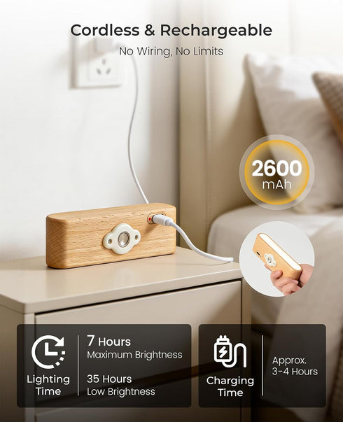 360 Wood LED Wall Sconce, Magnetic Rotatable Wall Mounted Night Light & Reading Light, Small Rechargeable Battery