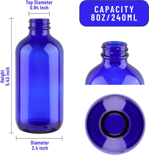 12 Pack 8 oz Cobalt Blue Glass Bottles, 240ml Boston Round Sample Bottles with Black Poly Cone Caps, Labels & Funnels