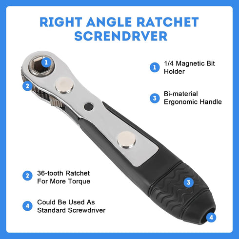 Right Angle Screwdriver, 42 PCS 1/4 Mini Ratchet Set, 90 Degree Offset Wrench with Hex/Torx/Slotted/Phillips Bits