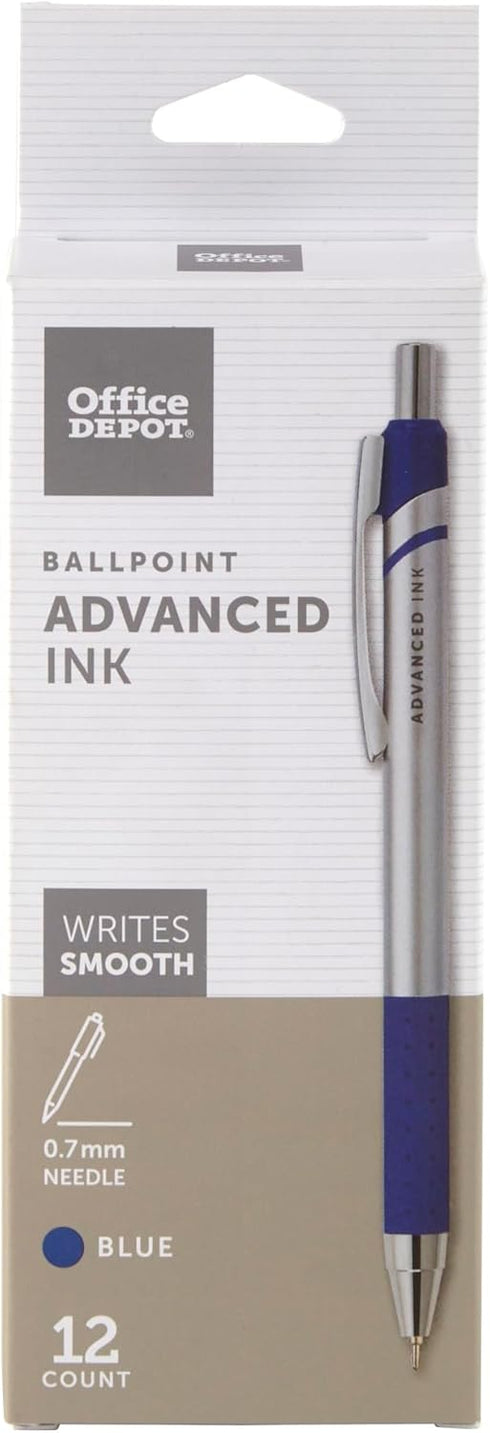 Office Depot Advanced Ink Retractable Ballpoint Pens, 0.7 mm Needle Point, Silver Barrel, Blue Ink, Pack of 12