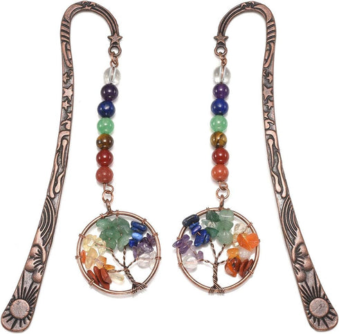 Jovivi Antique Copper Metal Bookmark with Handmade 7 Chakra Healing Crystals Tree of Life Tumbled Gemstones