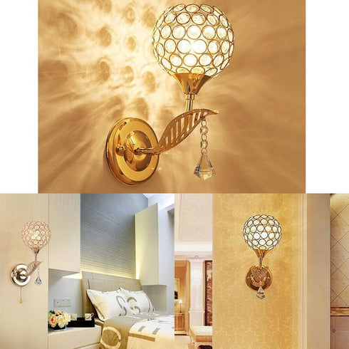 WeFoonLo E14 Modern Crystal Wall Light Pendent Lamp Chrome Finish Bedroom Sconce Lighting Fixture with Pull Cord