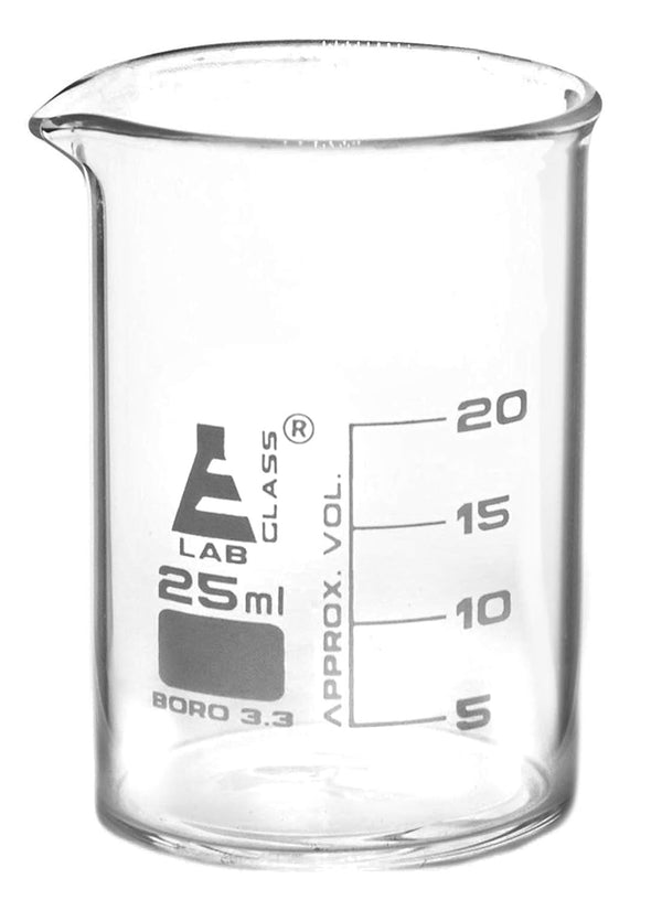 EISCO Beaker, 25ml - Griffin Style, Low Form with Spout - White, 5ml Graduations - Borosilicate 3.3 Glass
