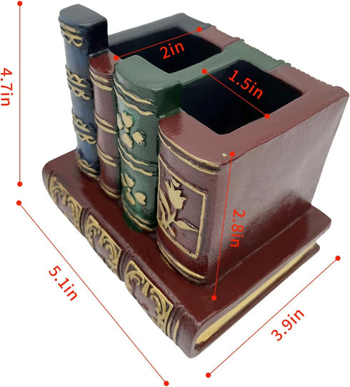 Pen Holder for Desk, Decorative Resin Pencil Organizer Caddy with Antique Library Books Design for Office Supplies