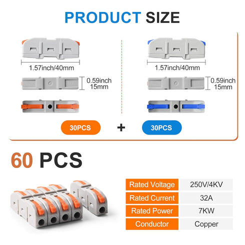 Lever Wire Connectors,KLMNDUO 60pcs 1 to 1 Inline Electrical Wire Connector kit for Quick Connect,1 Conductor Compact Wire Connectors Splicing Connectors for Circuit Inline Splices 28-12 AWG