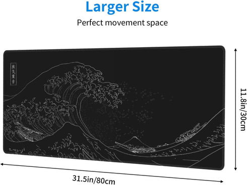 Japanese Gaming Mouse Pad - Black Kanagawa Large Non-Slip Rubber Base Waterproof Mousepad for Gaming, 31.5x11.8 Inch