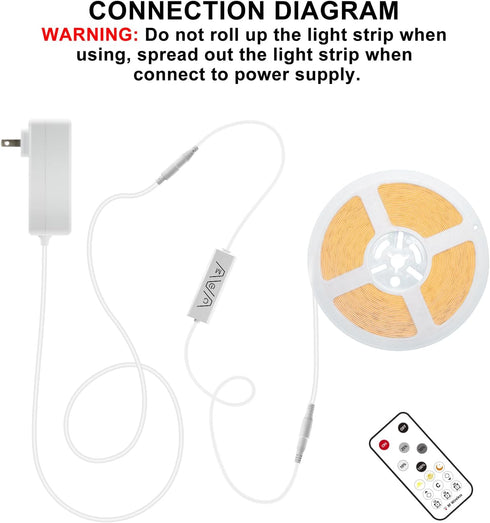 Olaholii 16.4ft 6500K Ra93+ Dimmable COB Led Strip Light with Remote, Bright Daylight White Led COB Strip Light, White