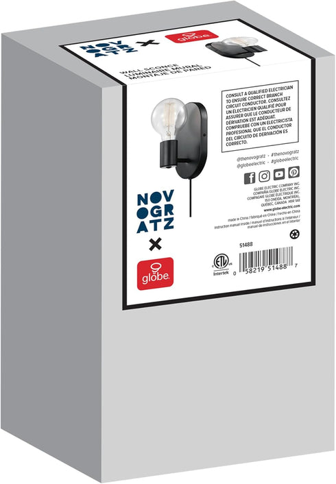 51488 1-Light 6ft Globe Electric x Novogratz Plug-in or Hardwire Wall Sconce, Matte Black, Fabric Covered Cord, Rocker
