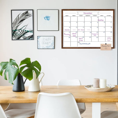TORASO 17"x 23" Dry Erase Monthly Calendar Board - Magnetic Whiteboard with Rustic Brown Frame