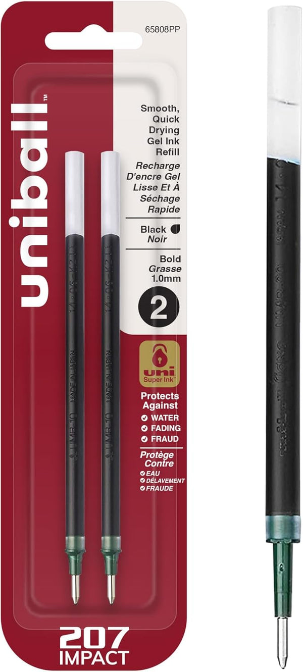 uniball Refill for Gel 207 Impact Rt Roller Ball Pens, Black Ink, Bold Conical Tip, 2/pack