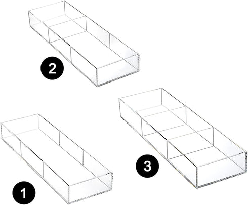 Peohud 2 Pack Acrylic Drawer Organizer Tray, 6/3 Section Clear Makeup Tray for Drawer, Office Desk Supplies