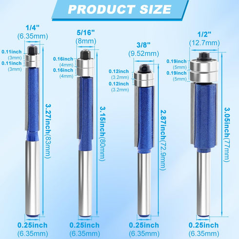 4Pcs 1/4 Inch Set, 1/4", 5/16", 3/8", 1/2" HONUTIGE Top Bearing Flush Trim Router Bits, Shank, Professional Straight