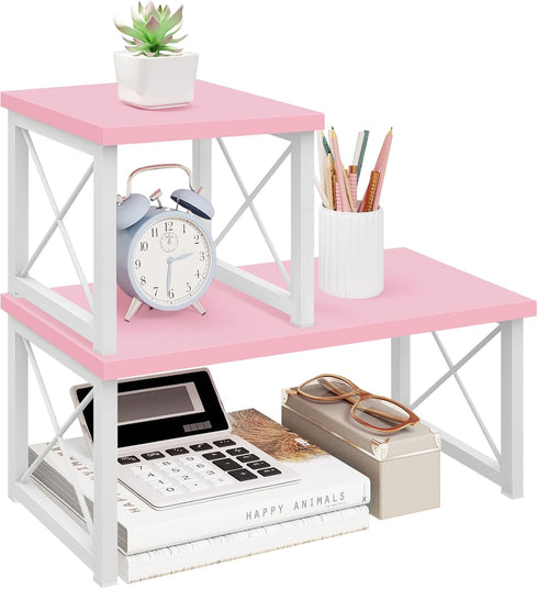 ELITEROO 2 Tier Desktop Shelf - Independent Stackable Desk Stand, Adjustable Freestanding Mini Bookshelf, Pink