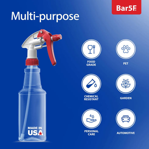 Bar5F 16-Ounce 2-Pack Empty Plastic Spray Bottles BPA-Free Food Grade Crystal Clear M-Series Fully Adjustable Sprayer