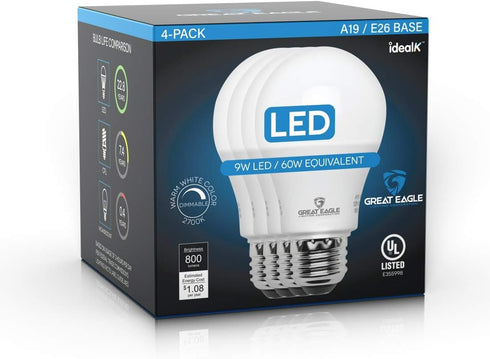 Great Eagle A19 LED Light Bulb, 9W (60W Equivalent), 2700K Warm White, Dimmable, 4 Pack