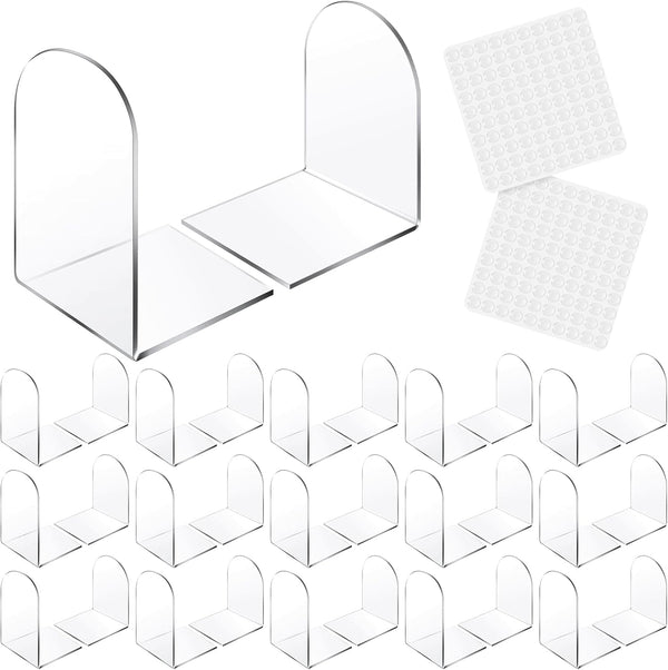 Leinuosen 32 Pcs Clear Acrylic Book Ends, Heavy Duty Non Skid Book Holders with Silicone Pad, Arch Shape for Books,