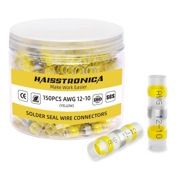 haisstronica 150PCS Waterproof Solder Seal Wire Connectors, Heat Shrink Butt Connectors for Electrical Use, 12-10 Yellow