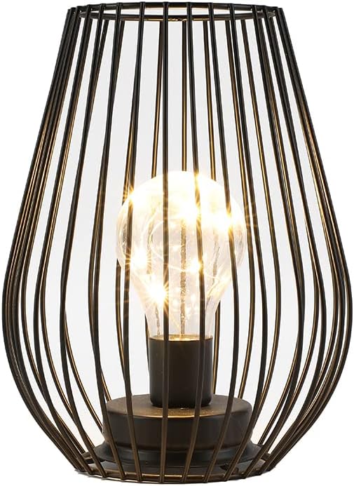 TRIROCKS Metal Cordless Table Lamp, 8'' Tall Cage Shape Battery Operated Lamp with Warm Fairy Lights (Black)
