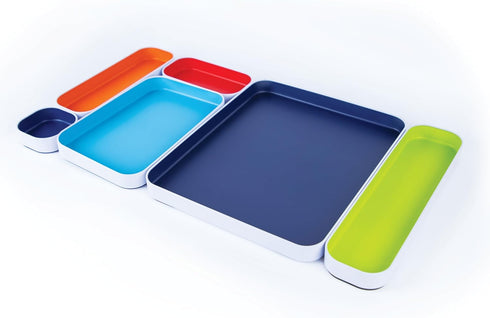 Three by Three Seattle 6 Piece Metal Organizer Tray Set for Makeup, Stationery, Utensils, Office Desk, Kitchen, Bathroom